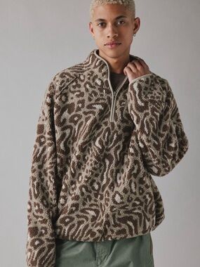 Urban Outfitters BDG Brown & Cream Patterned Sherpa Zip-Up Pullover